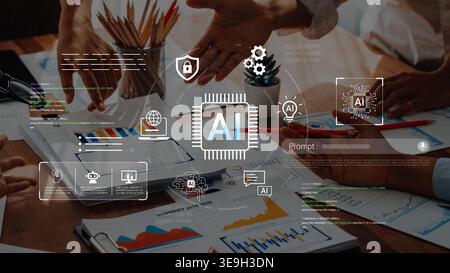 Team Collaboration on Artificial Intelligence Strategies with Charts, Graphs, and Digital Visuals in a Modern Office Environment Gluon. Stock Photo
