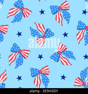 Seamless pattern with blue and red ribbon bows. Patriotic Americana style background for surface design. Stock Vector