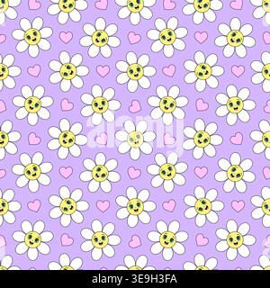 Seamless pattern with cute kawaii flowers with happy faces Stock Vector