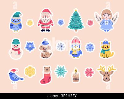 Set of cute Christmas stickers, including Santa, a snowman, animals, and snowflakes. Stock Vector
