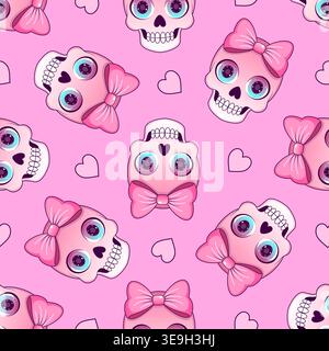 Seamless pattern with sweet kawaii skull with pink bow Stock Vector