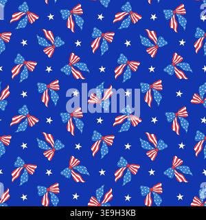 Seamless pattern with red and blue coquette bows. Patriotic Americana style background for surface design. Stock Vector