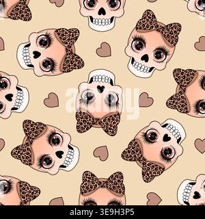 Seamless pattern of cute skulls with big eyes and leopard print bows Stock Vector