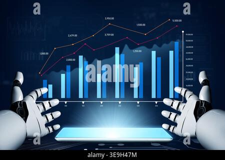 A futuristic scene featuring robotic hands interacting with a digital interface, displaying colorful financial graphs and data analytics for Stock Photo