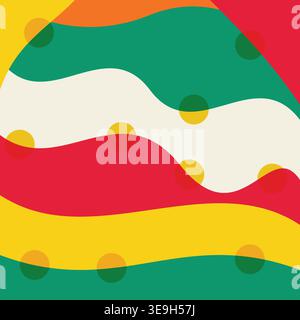 Abstract colorful wavy pattern with red, yellow, green, and white stripes and playful polka dots, a vibrant modern graphic background. Stock Vector