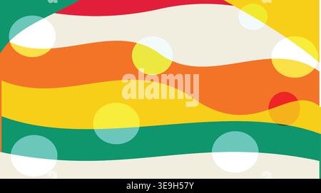 Vibrant abstract background with colorful wavy stripes and translucent polka dots, creating a cheerful and playful retro-inspired design. Stock Vector