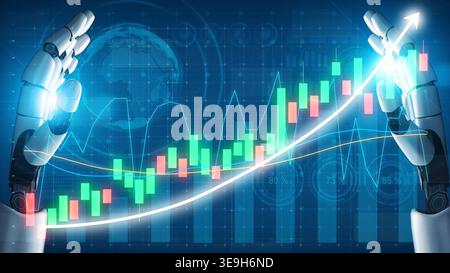 Robotic hands approach a vibrant financial graph, illustrating growth and data analysis. This image captures the fusion of technology and finance in a Stock Photo