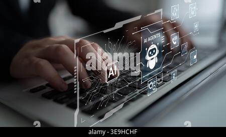 AI agents power automation for commerce, customer service, analytics and media operations, connecting tools and data to deliver faster decisions and Stock Photo