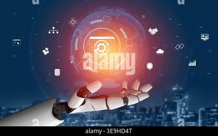 Futuristic Robot Hand Presenting Digital Interface with Icons Representing Technology, Data, and Automation in a Modern Urban Setting Quark. Stock Photo