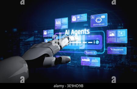 Futuristic Robot Hand Interacting with Digital Interface Displaying AI Agents, Icons, and Data Visualizations in a Tech Environment Sigmoid Stock Photo