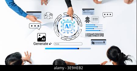 A group of professionals collaborates on an innovative artificial intelligence strategy. The visual includes digital communication tools and data Stock Photo