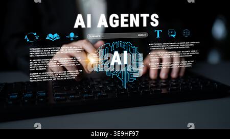 Futuristic Concept of AI Agents with Users Interacting with Technology and Data Visualization in a Modern Workspace Environment Quark. Stock Photo