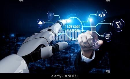 Futuristic Interface of a Robot Hand and Human Touching a Low Code Platform Showcase in a High-Tech Digital Environment Quark. Stock Photo