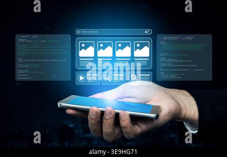 A hand holding a smartphone interacts with a futuristic holographic interface, showcasing various icons, images, and data visualizations related to Stock Photo