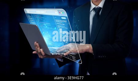 Person in Business Suit Interacting with Futuristic Transparent Laptop Display in Digital Environment with Code and Data Visualizations Quark. Stock Photo