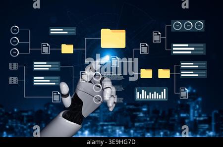 A robotic hand interacts with a digital interface showcasing file organization and data management. This image symbolizes advanced technology and Stock Photo
