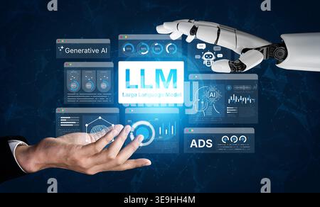 Large Language Model LLM processing data. Represents deep text learning, natural language processing NLP AI tech, transformer architecture, and Stock Photo