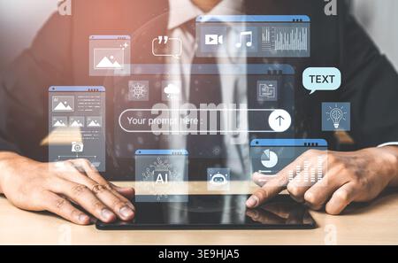 Prompt driven AI interface enabling text, image vision, audio and media video data neural asset and tool in smart creation chat workspace edit. Future Stock Photo