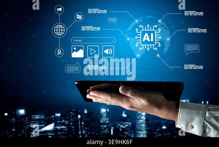 A creative depiction of a hand holding a tablet showcasing artificial intelligence concepts, surrounded by a futuristic digital interface against a Stock Photo