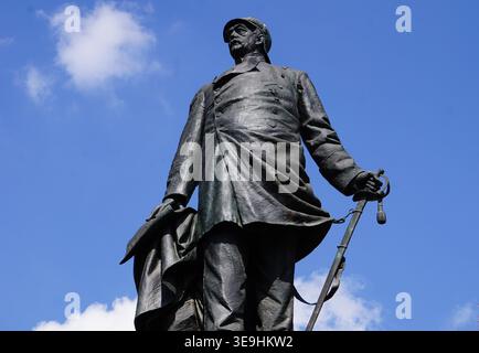 The Otto von Bismarck memorial in Tiergarten park commemorates the Prussian military leader and first German chancellor with a heroic bronze statue. Stock Photo