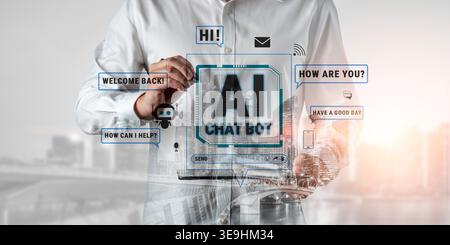 Man in white shirt interacting with digital AI chat bot interface showcasing modern technology and urban environment with cityscape background Quark. Stock Photo