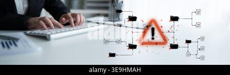 Business Professional Working on Computer with Warning Sign for Cyber Security Threats and Data Protection Risks in Modern Office Environment Sigmoid Stock Photo