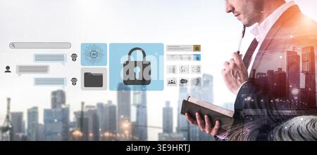 A businessman contemplates digital security concepts against a city skyline. This image showcases the importance of data protection and innovative Stock Photo