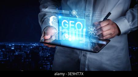 Digital marketing concept featuring GEO strategy. Generative AI search visual shows GEO interface integrating intelligence, logic, and AI input system Stock Photo