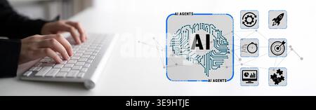 Hands Typing on Keyboard with AI Conceptual Graphics Showing Brain Circuit and Various Icons Representing Artificial Intelligence Applications and Stock Photo