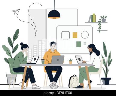 Modern office teamwork illustration with people working on laptops Stock Vector