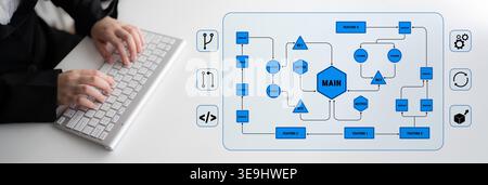 Blueprint of a Complex Flowchart Displaying Various Processes and Connections with Hands Typing on a Modern Keyboard in a Professional Setting Quark. Stock Photo