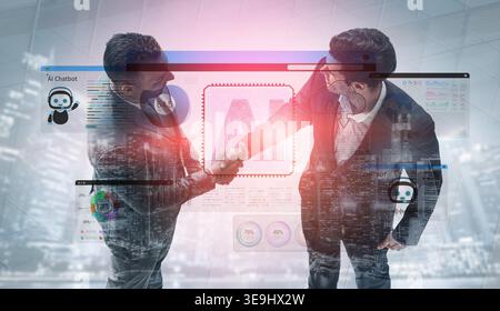 Businessmen Shaking Hands Over Digital Interface Representing AI Chatbot Technology and Analytics in a Modern Office Setting Sigmoid Stock Photo