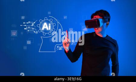 A modern individual interacts with virtual reality while exploring concepts of artificial intelligence, showcasing innovative technology for creative Stock Photo
