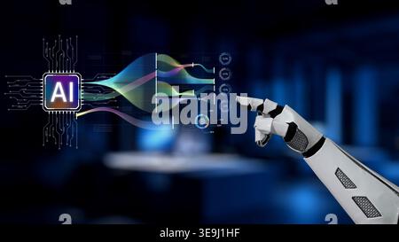 A robotic hand reaches out to engage with an artificial intelligence interface, embodying the essence of futuristic technology and digital innovation Stock Photo