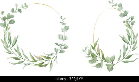Watercolor eucalyptus frames set with gold  borders. Hand-painted botanical greenery wreath  for wedding invitations and cards. vector EPS. Stock Vector