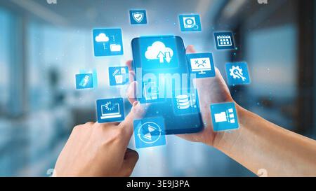 Cloud backup system connects devices through a secure data backup network. Data backup ensures protection, data backup reliability, and recovery. Gist Stock Photo
