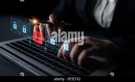 Digital security concept illustrating a cybersecurity breach, with a red unlocked padlock indicating data exposure among secure systems, emphasizing Stock Photo