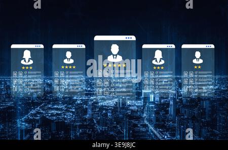 Explore digital user profiles with ratings showcased on multiple screens against a futuristic city backdrop, illustrating modern technology and data Stock Photo