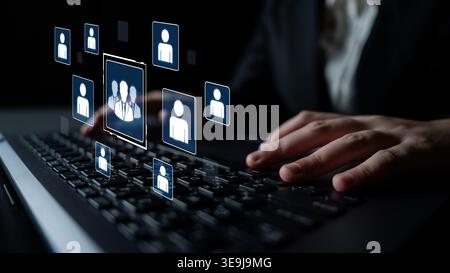 Concept of human resources and organizational structure. A professional team is shown within a corporate network, representing management, leadership Stock Photo