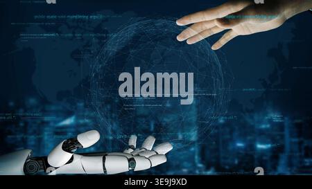 A striking image depicting the connection between a human hand and a robotic hand, symbolizing the merging of technology and humanity in a digital Stock Photo