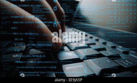 A close-up view of hands actively typing on a keyboard, surrounded by flowing lines of code, symbolizing the dynamic world of programming and Stock Photo