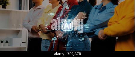 Concept of an enterprise Artificial Intelligence solution. A central processor powers machine learning for business automation, innovation, and Stock Photo