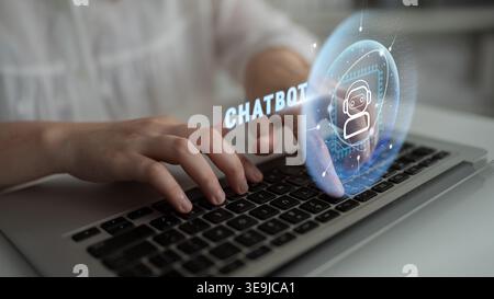 AI chatbot technology for automated customer service and communication. This virtual assistant provides 24 7 support and enhances user engagement Stock Photo