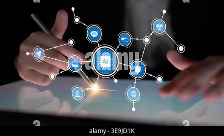 A businessman engages with advanced AI technology, highlighting digital connections and data visualization in a modern workspace, symbolizing Stock Photo