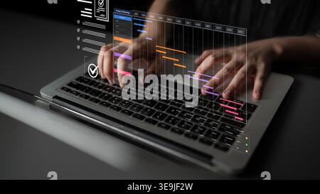 A project management dashboard for business. The interface features a Gantt chart to visualize the project timeline, task scheduling, and overall Stock Photo