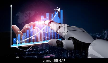 This image depicts a futuristic scene where a robot hand reaches out to a human hand, symbolizing collaboration in data analysis and the integration Stock Photo