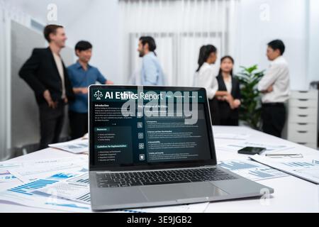 AI ethics responsibility standard law and rules on computer screen provide report of AI ethic transparency preventing technology crime. brisk Stock Photo