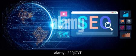 Visual representation of digital marketing strategy focusing on SEO and global connectivity, showcasing data analysis tools and modern technology Stock Photo