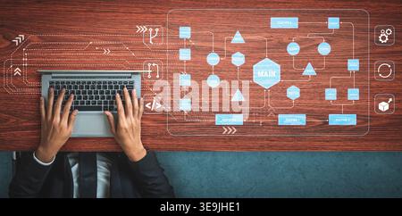 Professional hands typing on laptop keyboard with digital flowchart and abstract icons on wooden desk in modern workspace environment Quark. Stock Photo