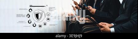 Business professionals engaged in a meeting while using various devices, surrounded by digital icons symbolizing cybersecurity and data protection in Stock Photo